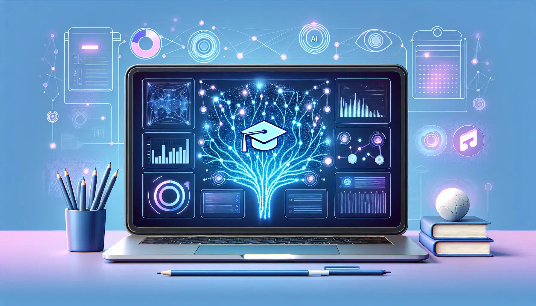 AI-powered learning management system dashboard with neural network patterns and data visualizations