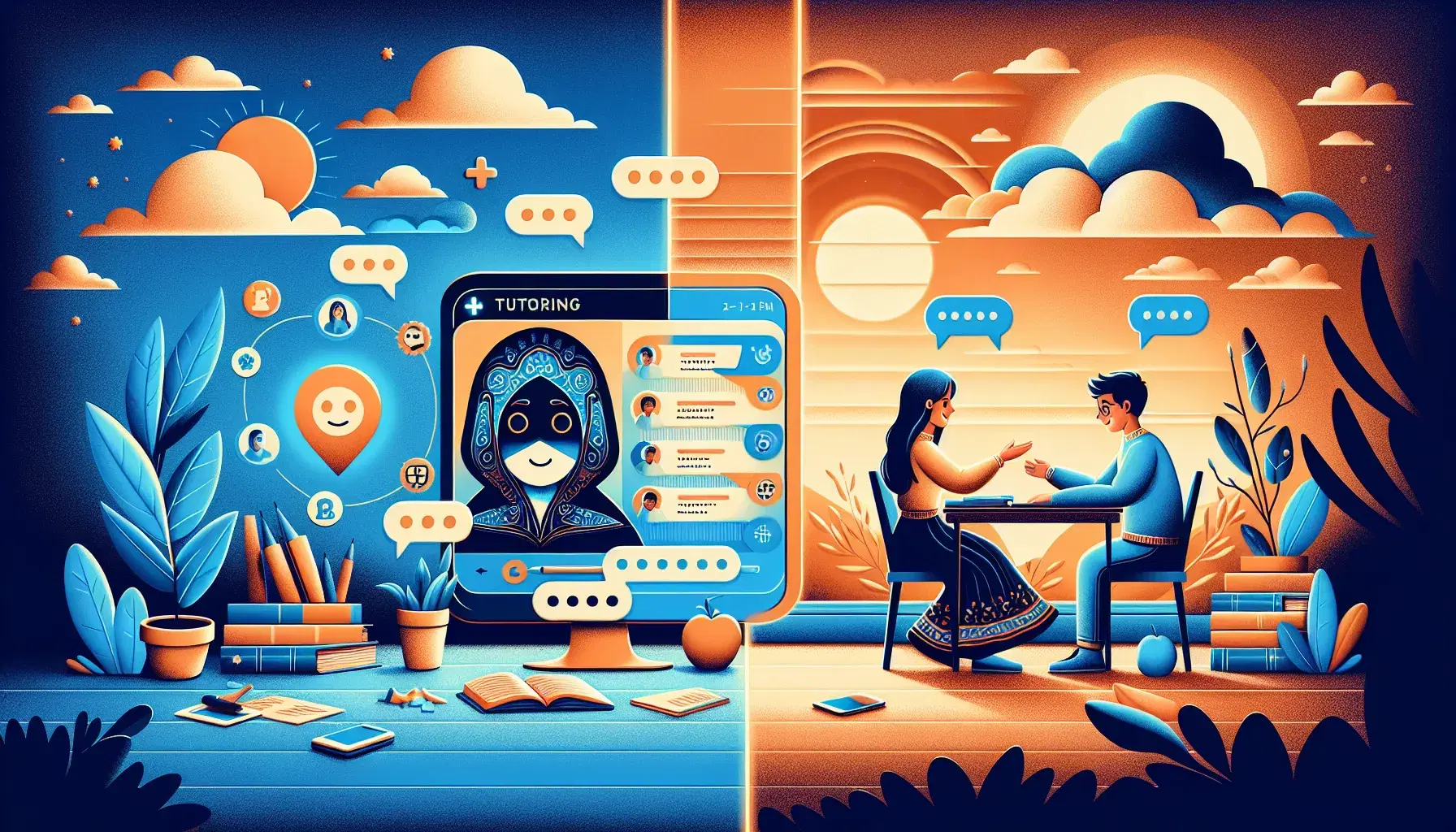 Split-screen comparison of AI tutoring interface and traditional human tutoring session