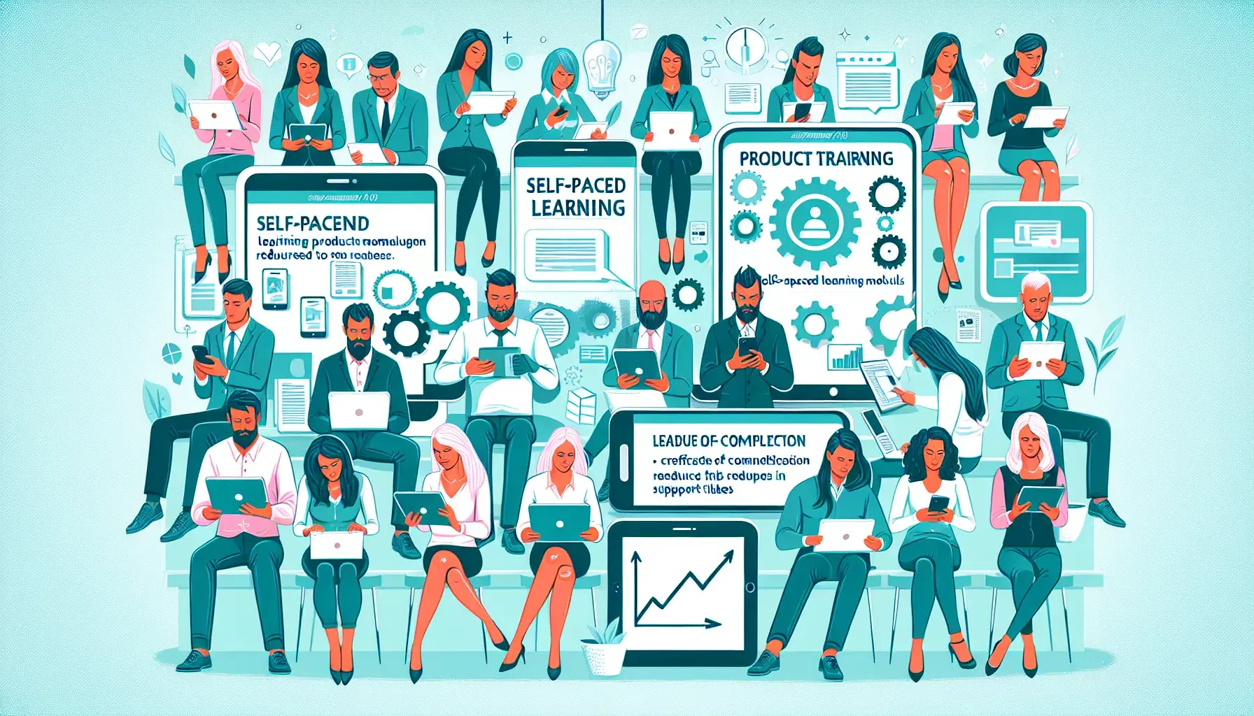 Customers engaging with product training on various devices with adoption metrics rising