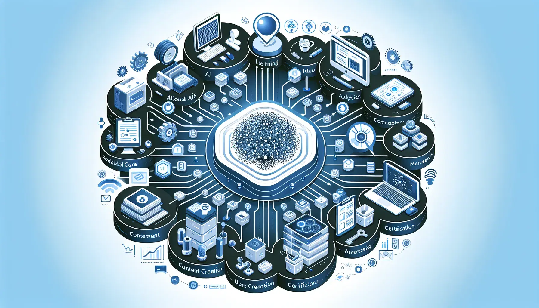 Comprehensive AI LMS platform overview showing interconnected modules for content creation, assessment, and analytics