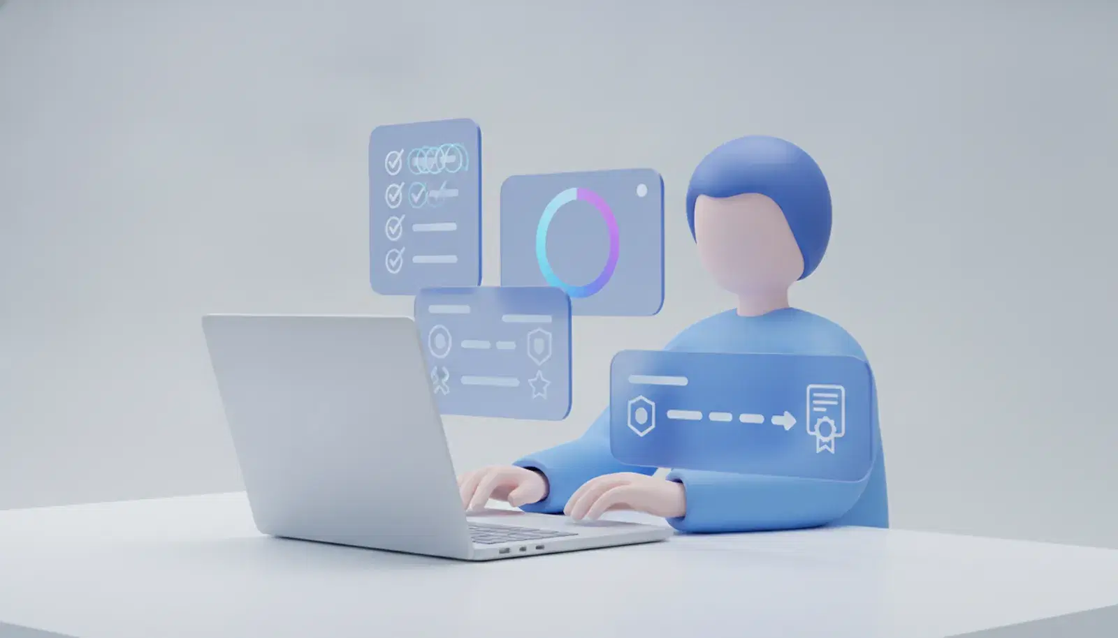 A new employee at a laptop with an onboarding checklist, progress ring, and milestone path shown alongside