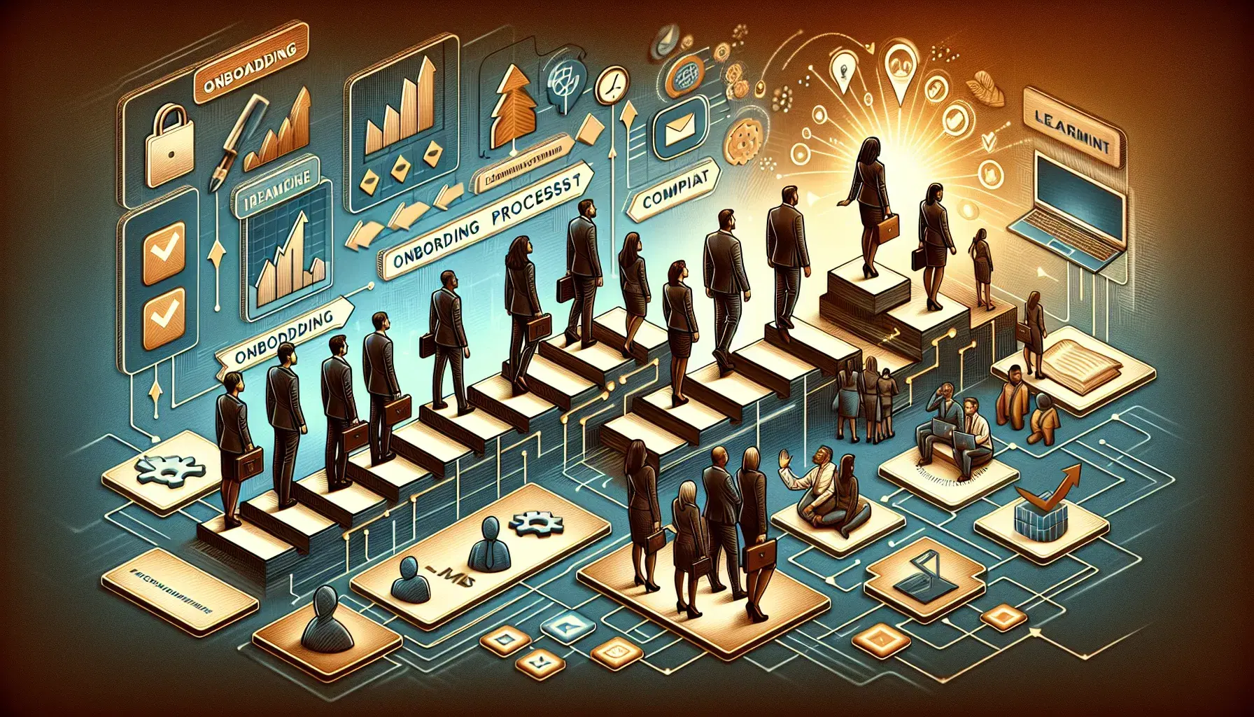 Employees at different career stages progressing through learning paths on a modern LMS