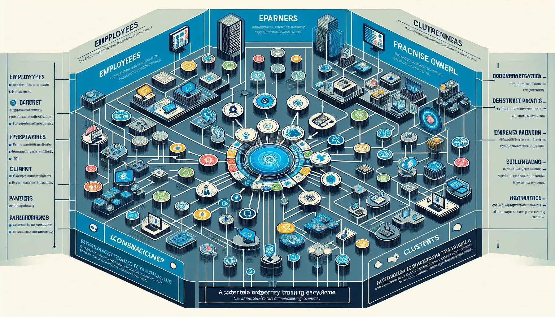 Extended enterprise training ecosystem with central hub connected to employees, partners, and customers