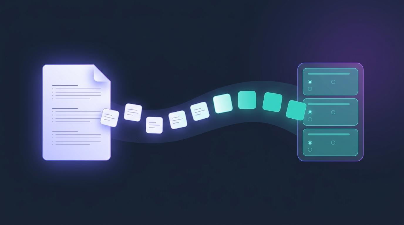 A paper document on the left flowing as a stream of small glowing cards into a tidy stacked quiz panel on the right, on a dark slate background with indigo and teal highlights — flat vector shapes, no legible text