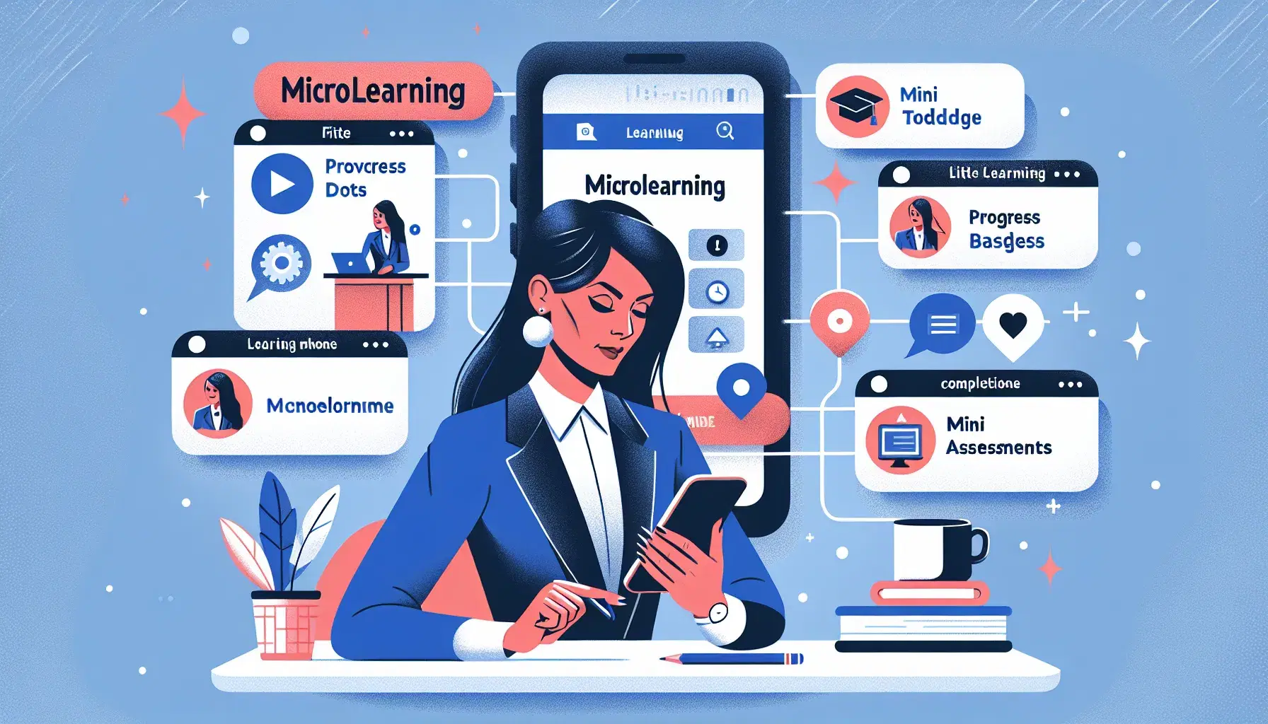 Microlearning modules displayed as compact cards on a mobile phone with progress indicators