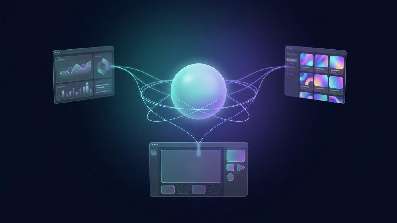 A single glowing assistant orb connected by threads of light to three screens — a branded LMS, a Moodle course, and a course-authoring studio — against a dark background