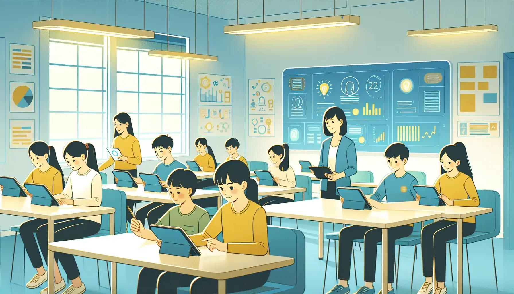 Modern classroom with students using AI-powered learning tools on tablets