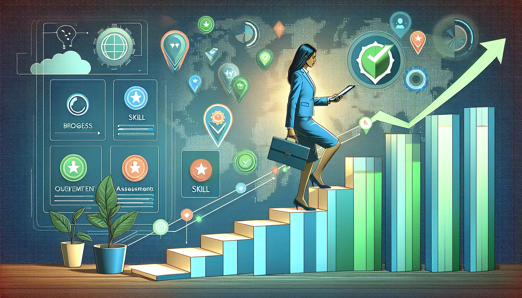 Skills development staircase with progress indicators, skill badges, and assessment checkpoints