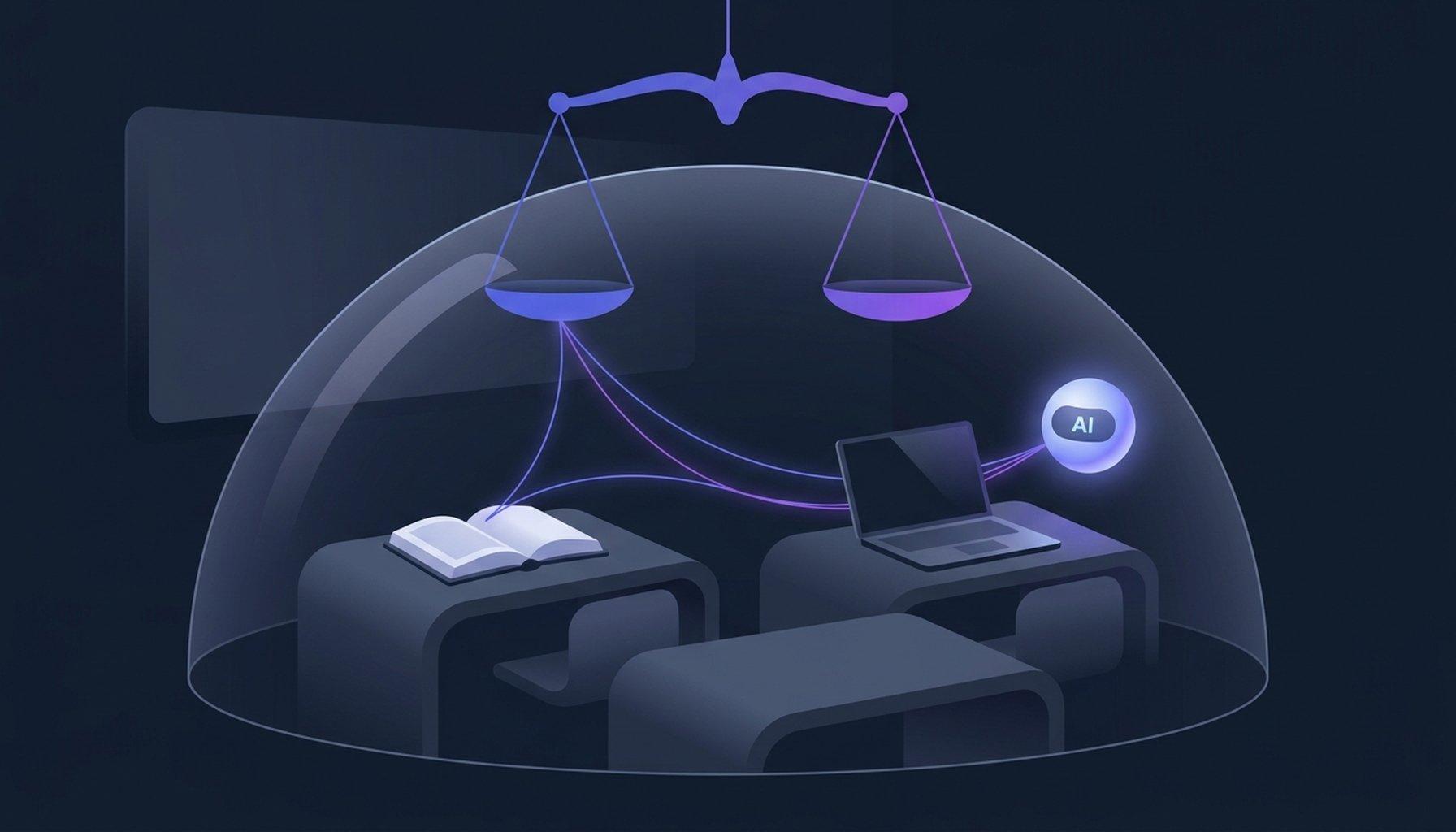 A classroom rendered as clean vector shapes beneath a translucent shield and a set of balanced scales, threads of light linking books, a laptop, and an AI orb, on a dark slate background