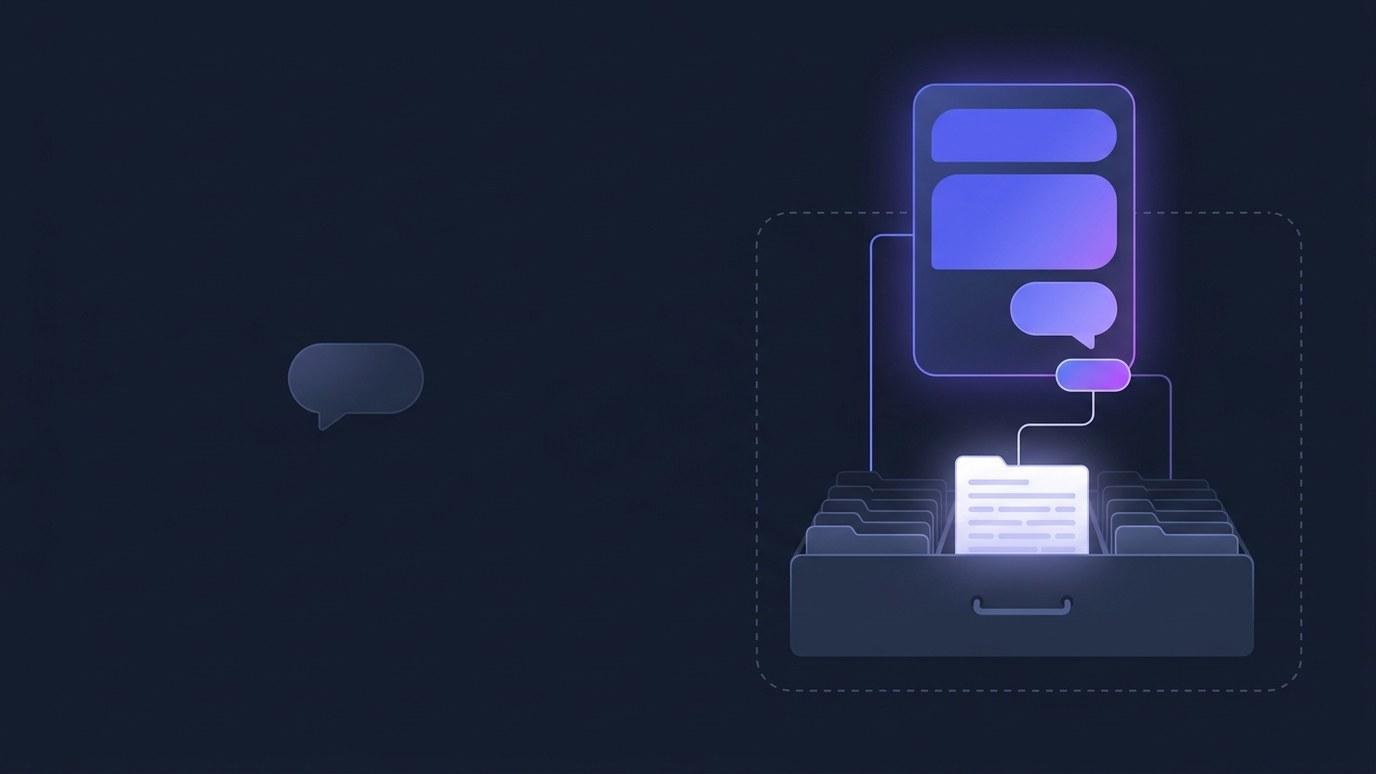 An abstract illustration of a chat panel that reaches out to open a report card and read its rows before answering, drawn as glowing vector shapes on a dark slate background