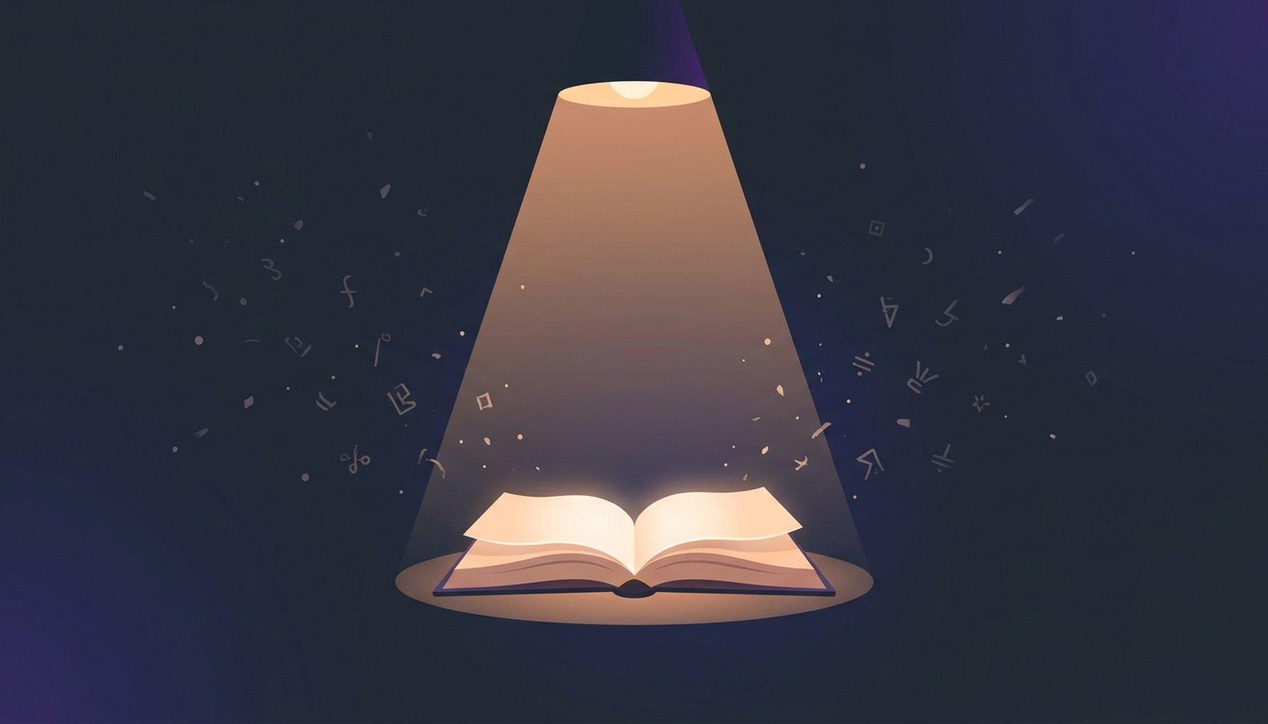 A warm cone of lamplight falling on an open book at the centre of a dark navy field, while faint scattered symbols drift in the darkness outside the light, with indigo and purple accents