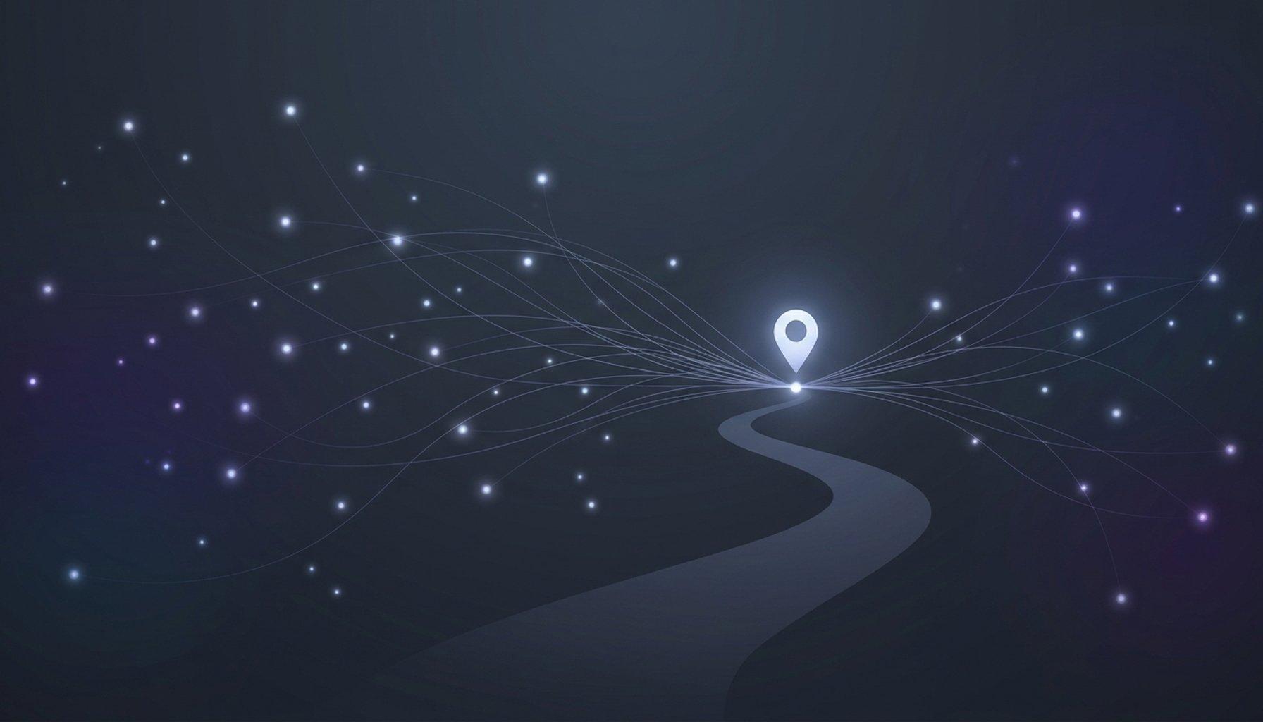 A constellation of small lights on a deep navy field, joined by fine glowing threads that converge on a single bright waypoint marker above a winding path, with indigo and purple accents